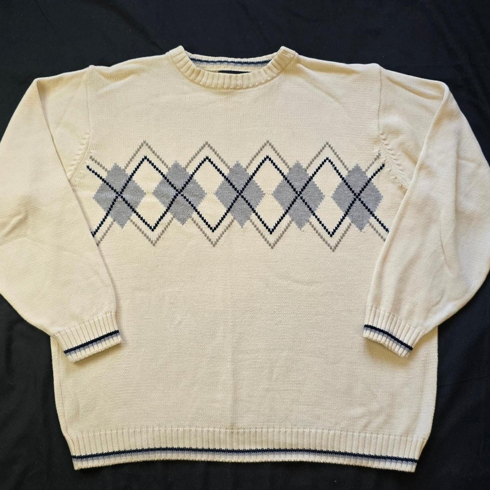 Vintage Bill Blass Argyle Sweater Men's XL Cream Gray Navy‎ 100% Cotton